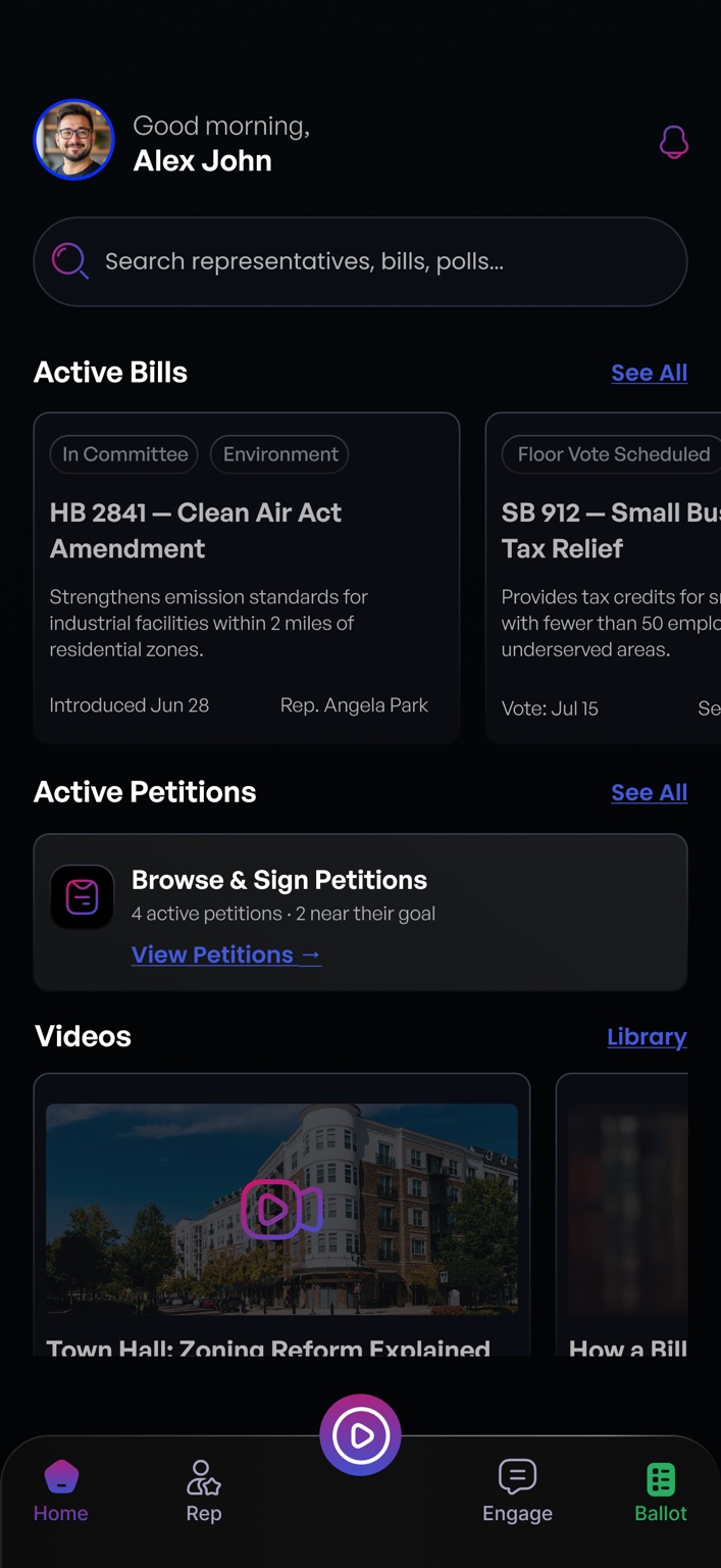 Rabble home screen showing active bills and petitions