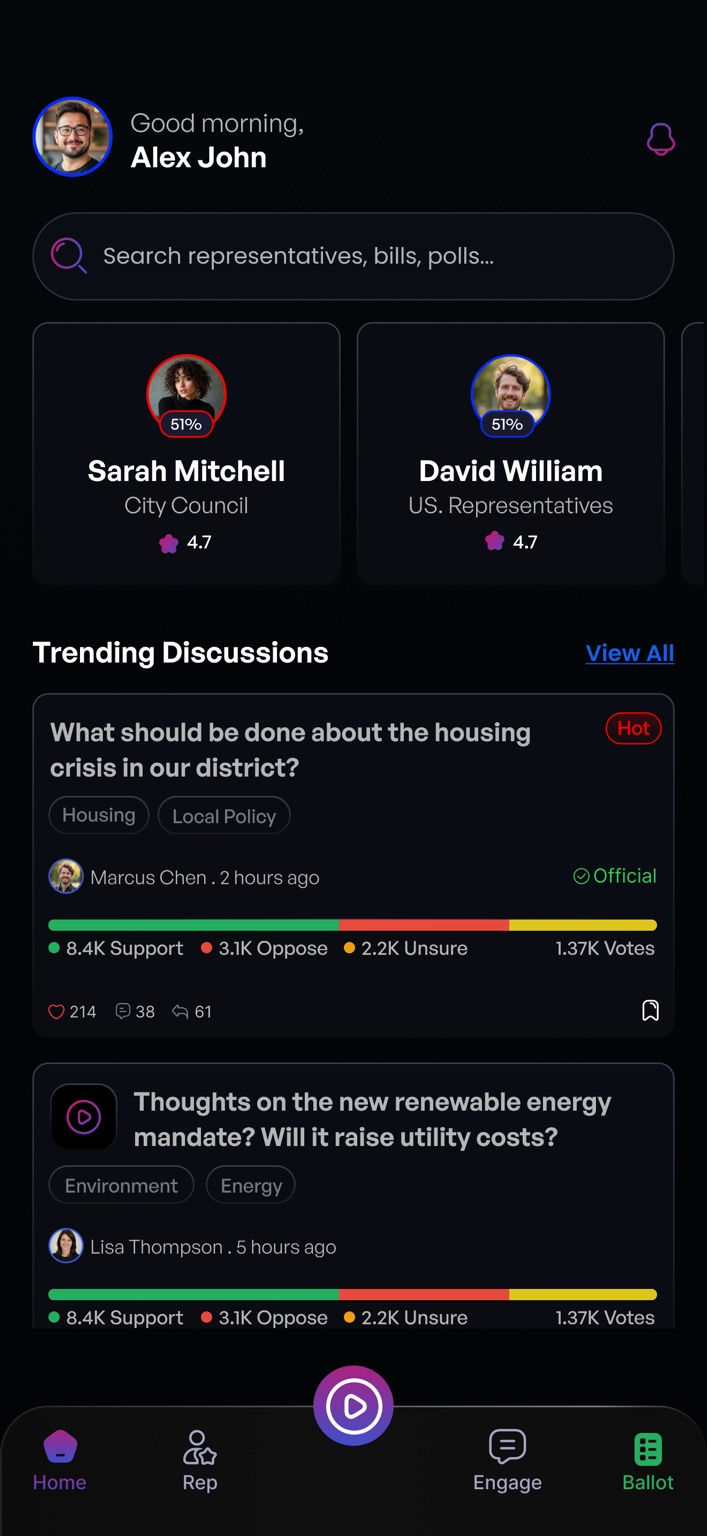 Rabble home screen showing representatives and trending discussions